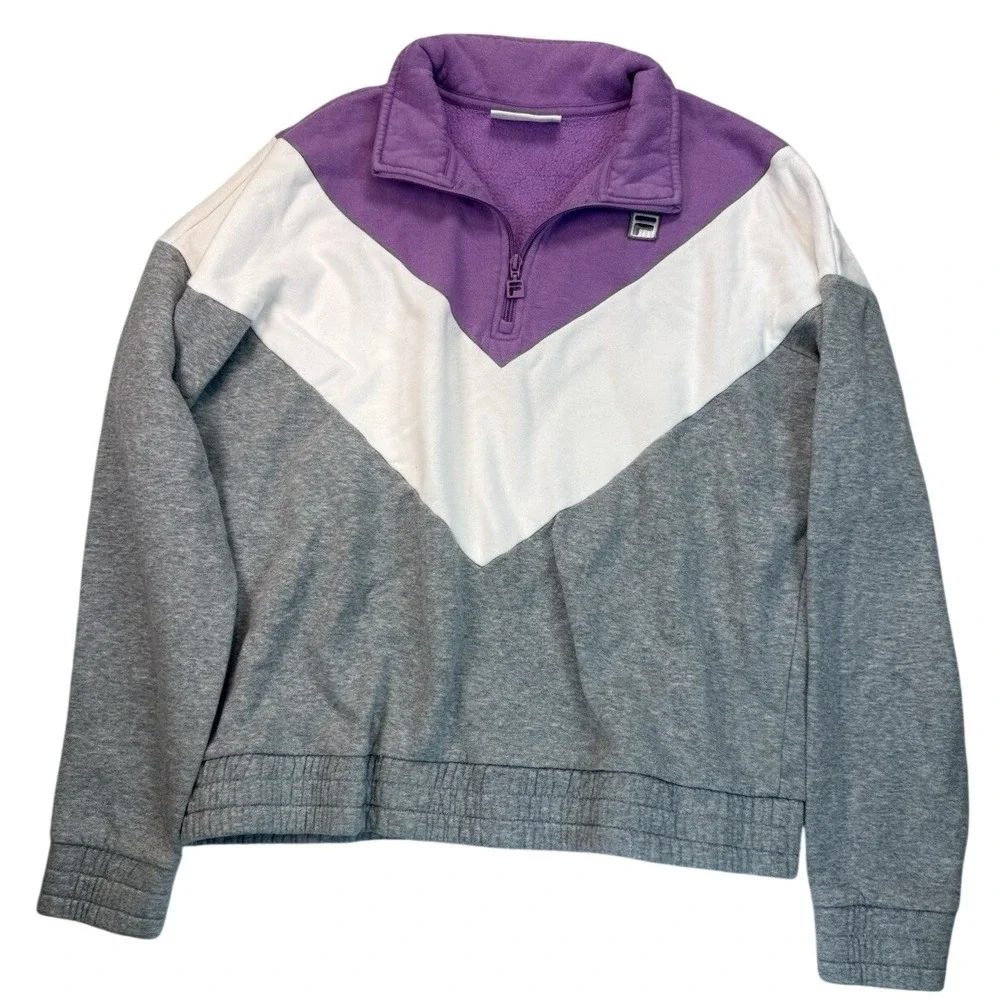 FILA Colorblock Quarter Zip Sweatshirt‎ Cropped Purple Gray White XL
